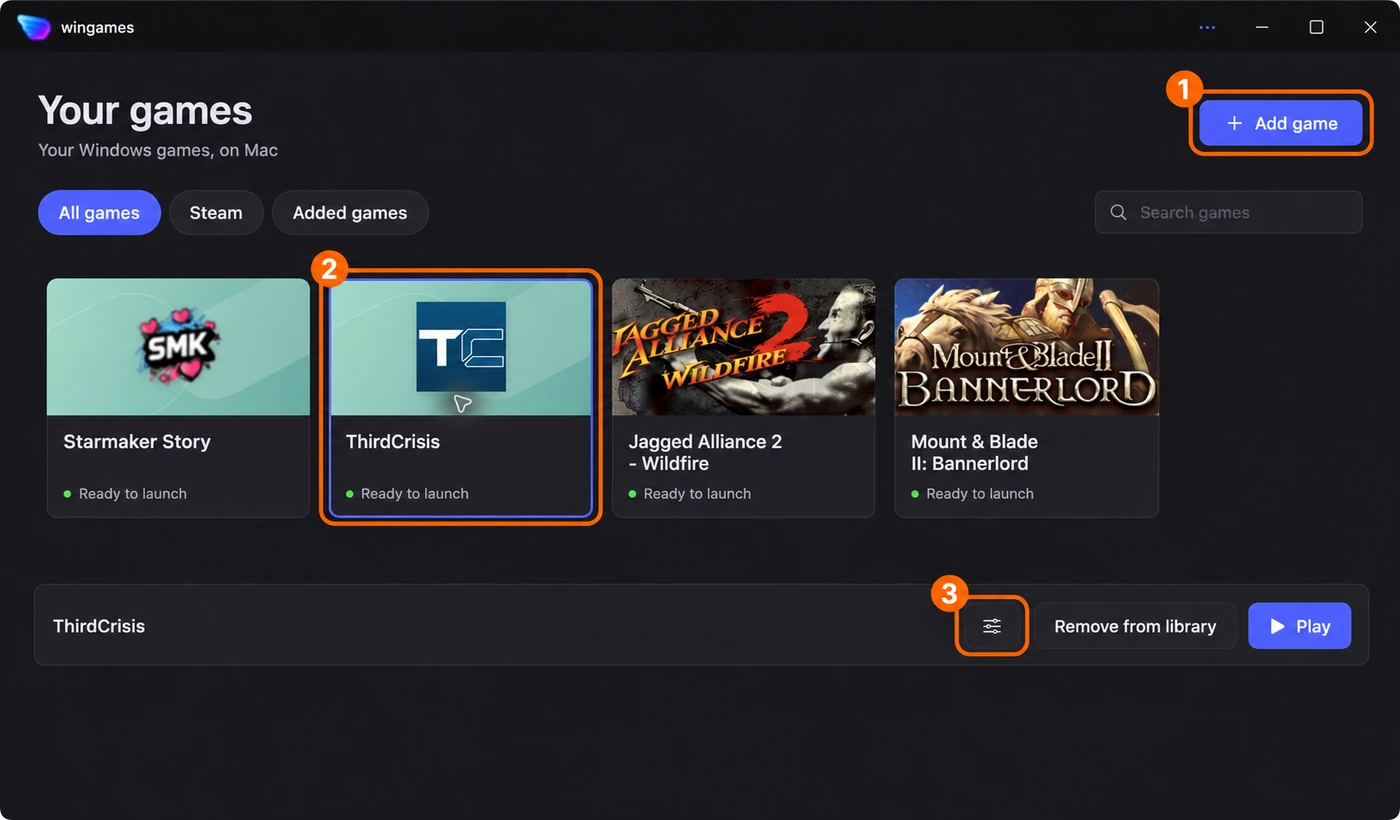 wingames library with Add game, the selected game card and Launch options sliders marked.