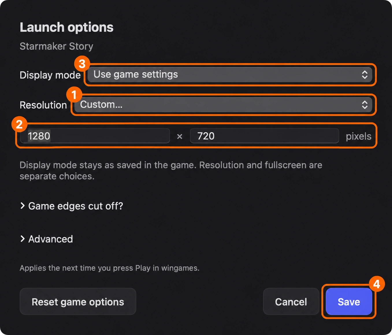 Starmaker Story launch options with Custom resolution, 1280 by 720, Display mode and Save marked.