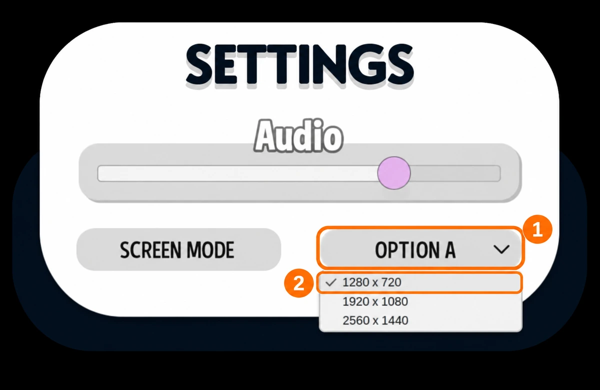 Starmaker Story Settings with the dropdown beside Screen Mode open and the 1280 x 720 choice marked.